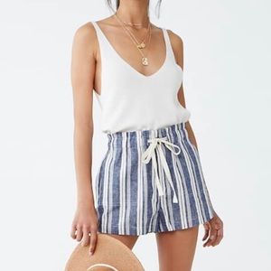 Linen-blend striped paper bag shorts